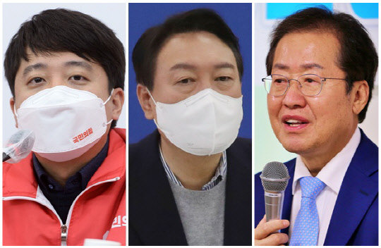 이준석(왼쪽) 국민의힘 대표, 윤석열(가운데) 대선 후보, 홍준표 의원. 연합뉴스